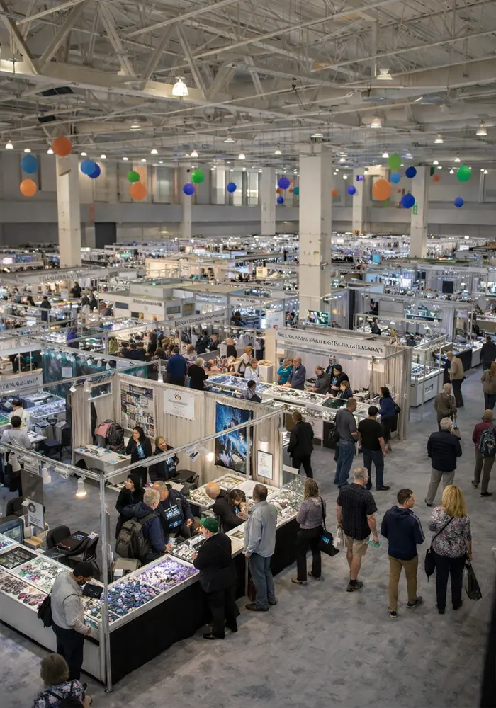 AGTA GemFair Tucson trade show floor inside the Arizona Convention Center with gemstone and mineral exhibitor booths