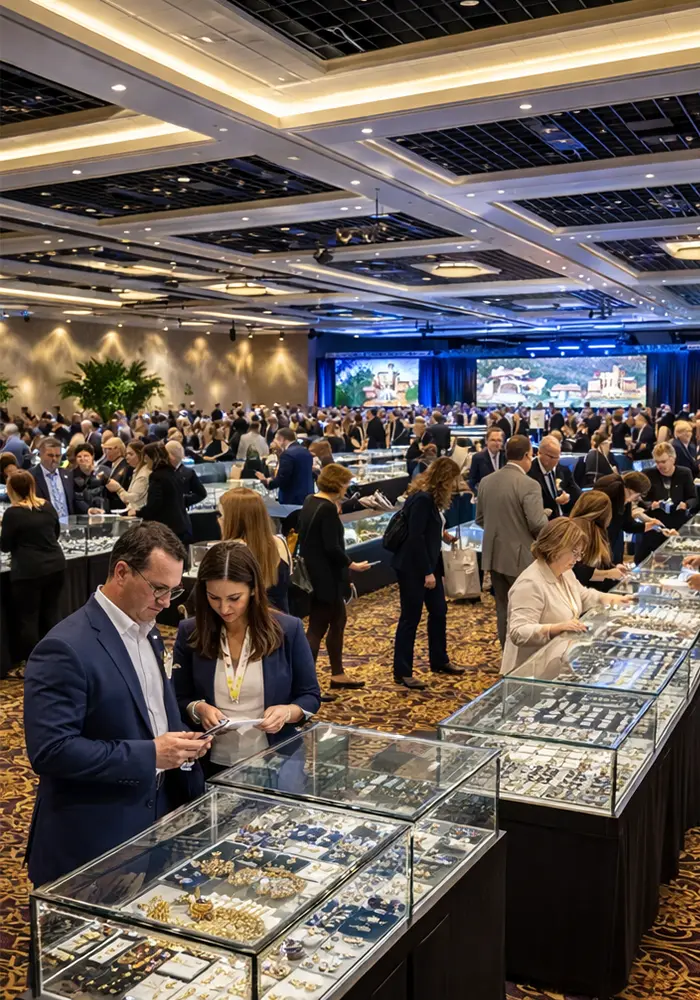 Jewelers of America (JA) Show and IJO Conference at The Broadmoor Resort in Colorado Springs with buyers browsing jewelry display cases