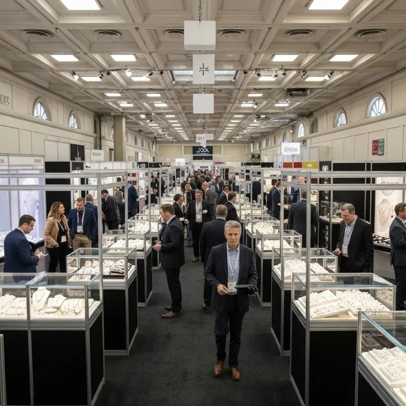 JA New York jewelry trade show aisle with exhibitor booths and glass cases, showcasing a professional retail and buyer-focused expo.