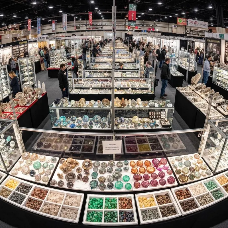 Luxury jewelry trade show floor with symmetrical aisle and glass display cases inside a U.S. convention center.