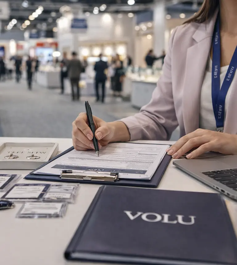 VOLU booth and paperwork management at a jewelry trade show, registration documents and badges
