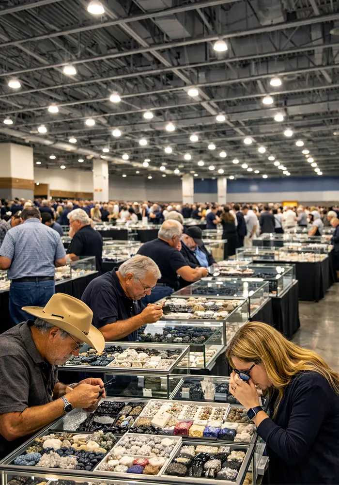 The Tucson Gem and Mineral Show at Tucson Arizona Expo Center with gemstone and mineral display cases and buyers browsing