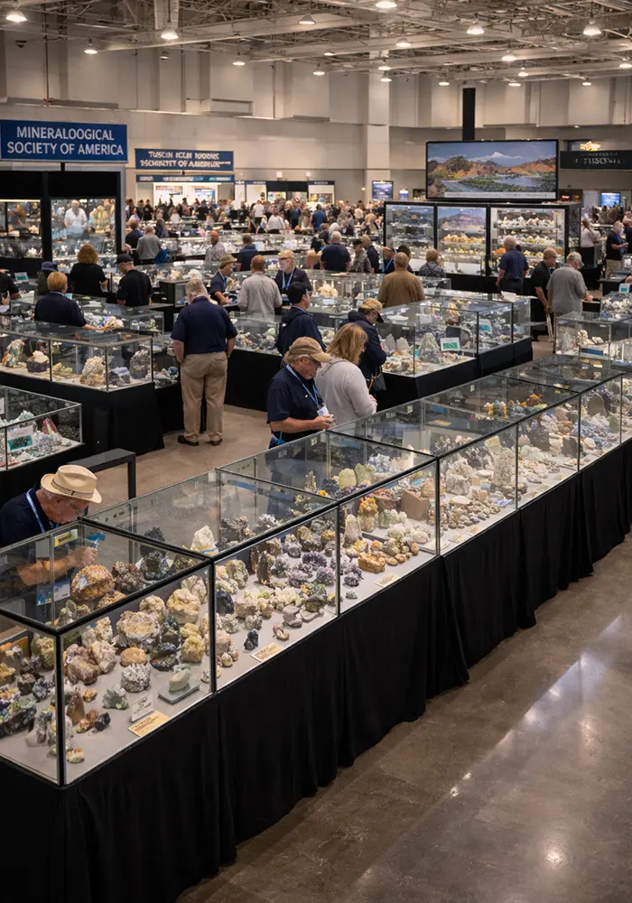 Tucson Gem & Mineral Show showroom at Tucson Convention Center with curated mineral display cases and attendees