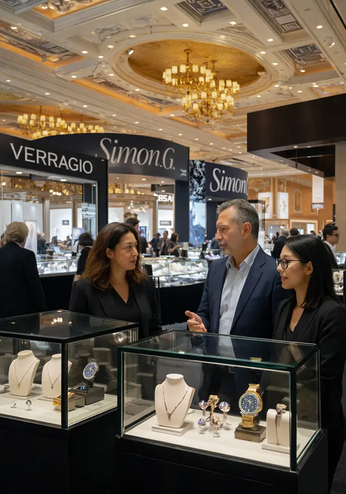 JCK Las Vegas Jewelry showroom at The Venetian Expo in Las Vegas, Nevada with luxury display cases and buyers talking