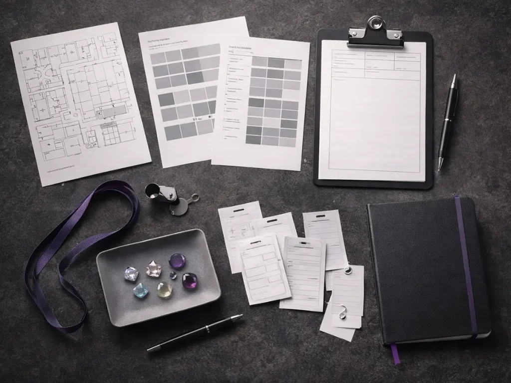 Overhead flat-lay of trade show schedules, badges, loupe, and gemstones representing full show management services.
