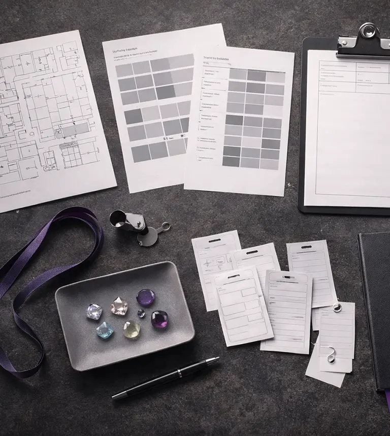 Overhead flat-lay of trade show schedules, badges, loupe, and gemstones representing full show management services.