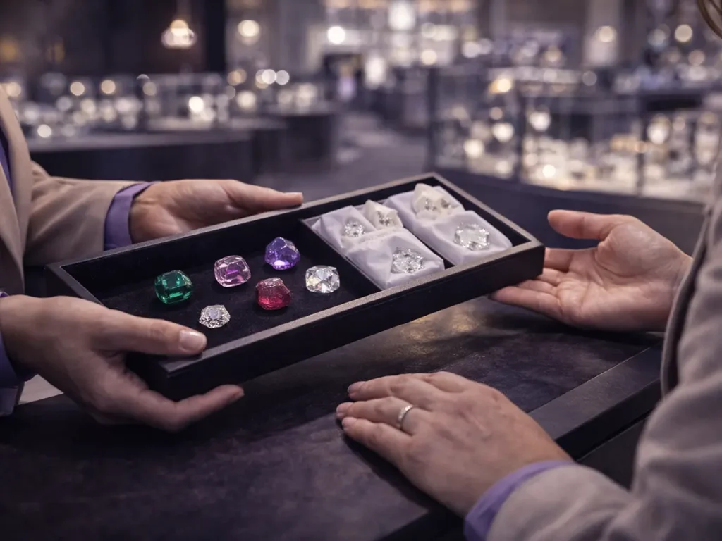 On-site sales and vault support at a jewelry trade show, hands presenting a gemstone tray for review.