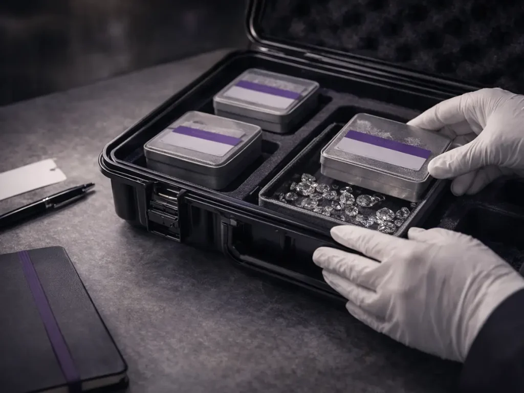 White-gloved hands organizing gemstones in a hard-shell case for secure inventory handling and post-show vault operations.