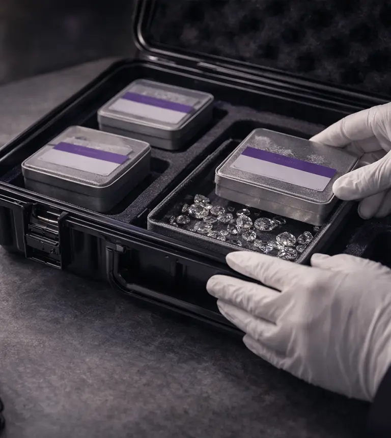 White-gloved hands organizing gemstones in a hard-shell case for secure inventory handling and post-show vault operations.