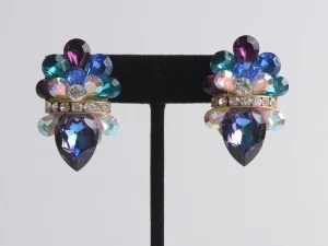Peacock Swarovski crystal statement earrings with multicolor jewel-tone stones and chandelier design